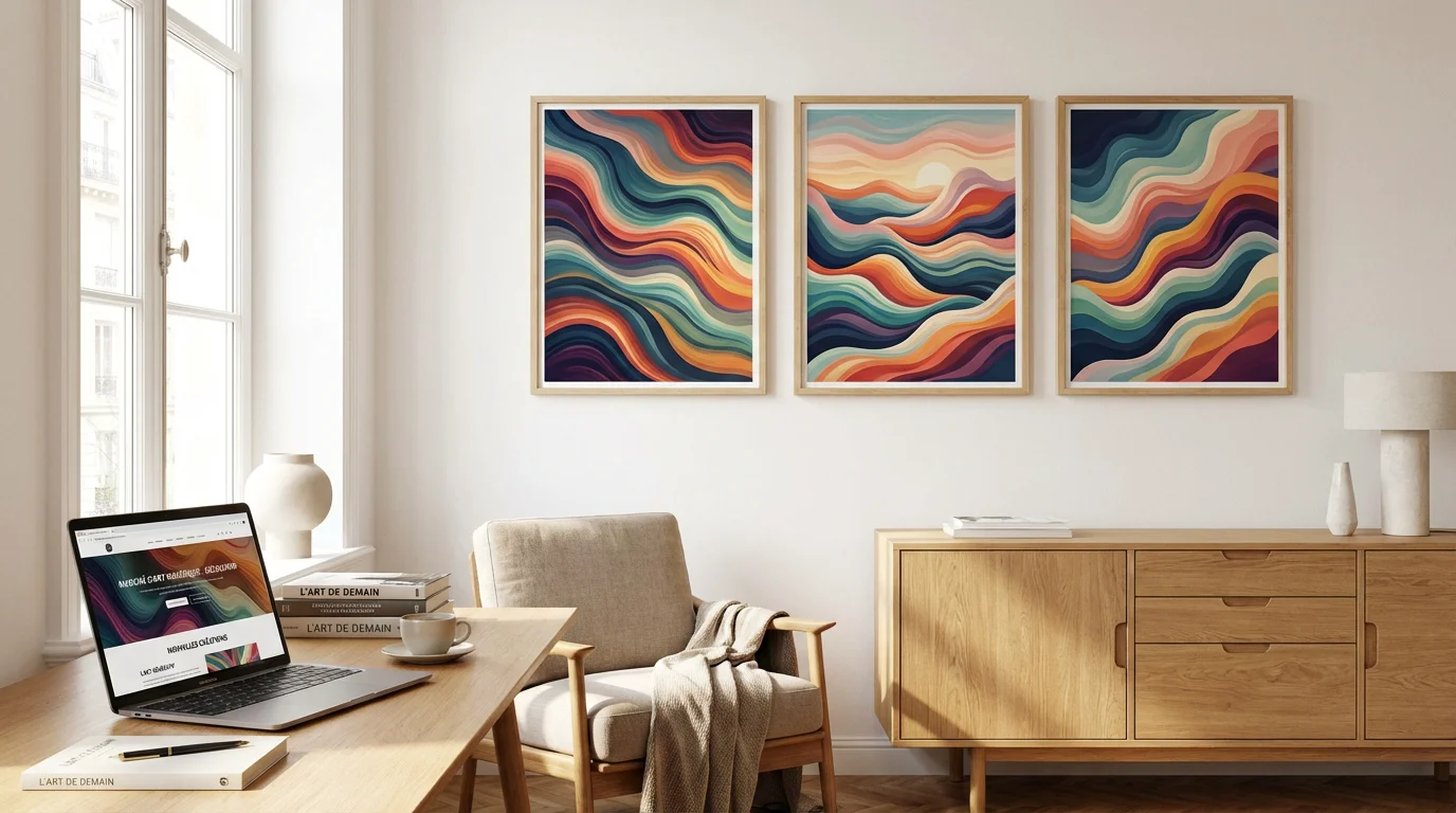 Affiches d'art générées par IA encadrées dans un salon moderne européen avec un bureau et un ordinateur portable