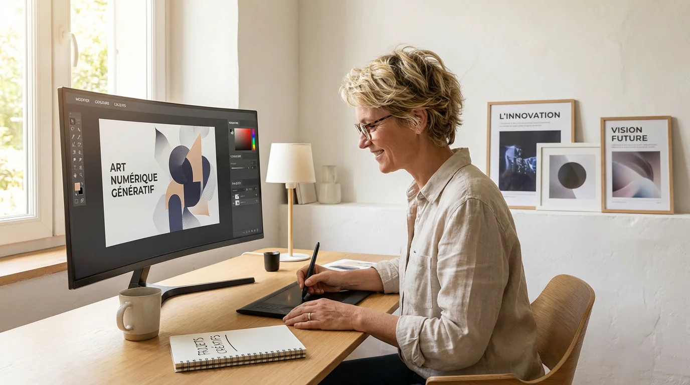 Entrepreneur européen éditant de l'art généré par IA sur un écran dans un bureau moderne et lumineux