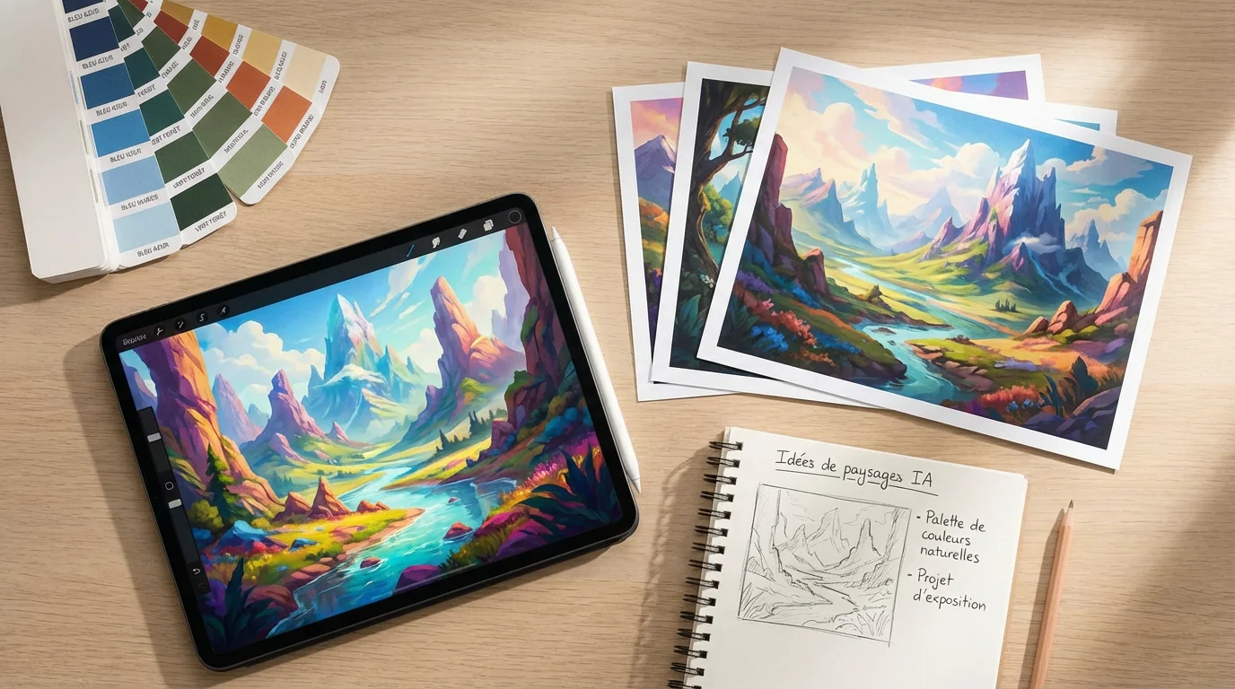 Composition à plat montrant une tablette avec une œuvre d'art IA, des épreuves imprimées et des nuanciers sur un bureau en bois clair