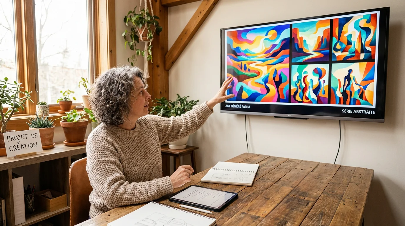 Professionnel européen examinant des créations artistiques générées par IA sur un écran large dans un studio moderne