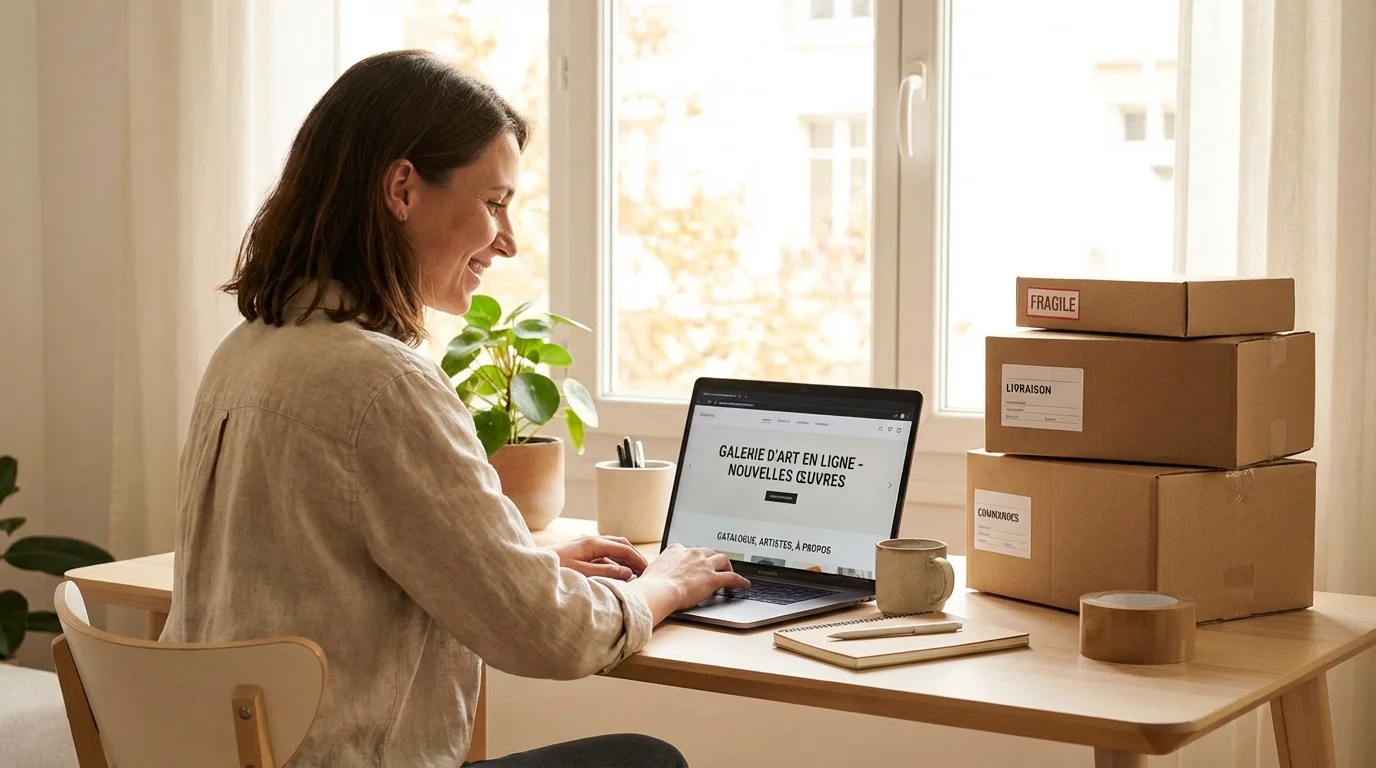 Entrepreneur européen consultant une galerie d'art en ligne sur son ordinateur portable