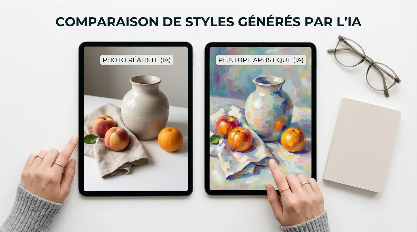 Comparaison côte à côte de deux styles d'images générées par IA sur un bureau professionnel