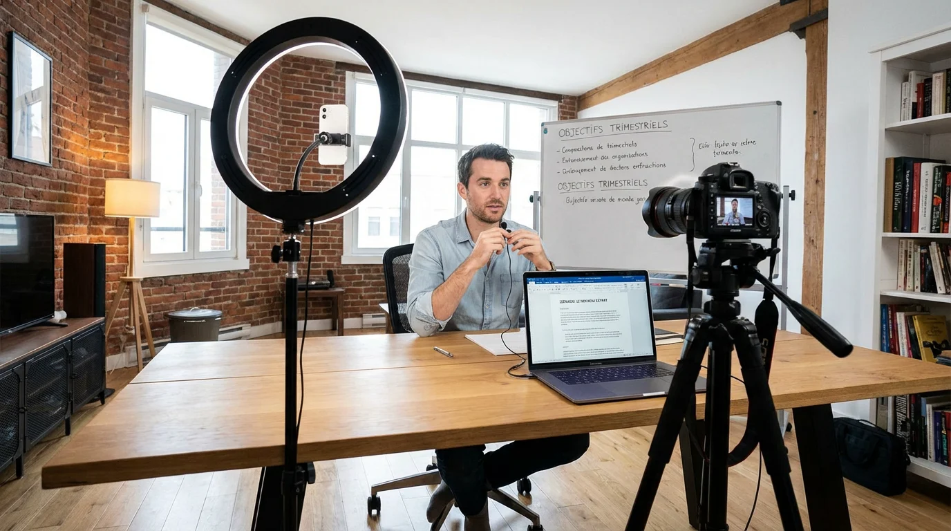 Entrepreneur européen enregistrant une vidéo de vente dans son studio à domicile