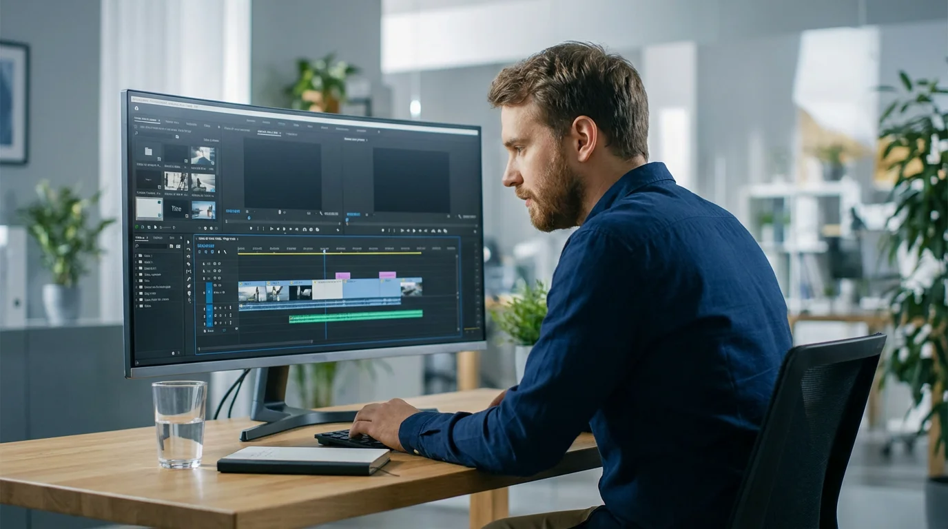 Entrepreneur français travaillant sur le montage d'une VSL dans un bureau moderne