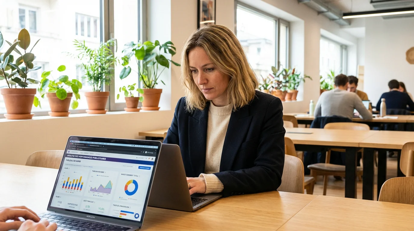 Professionnelle analysant les performances publicitaires de sa VSL sur un écran