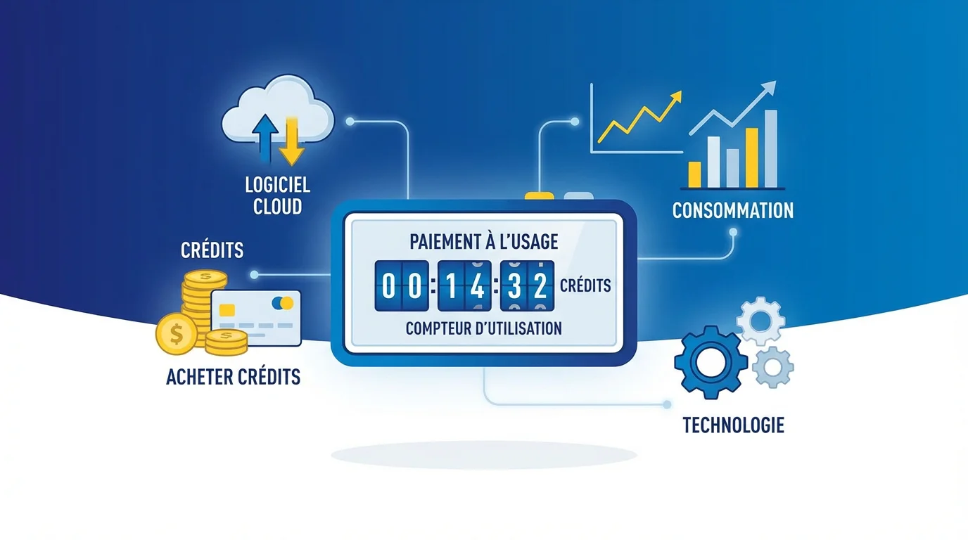 Illustration du concept de paiement à l'usage SaaS avec compteur numérique et icônes cloud