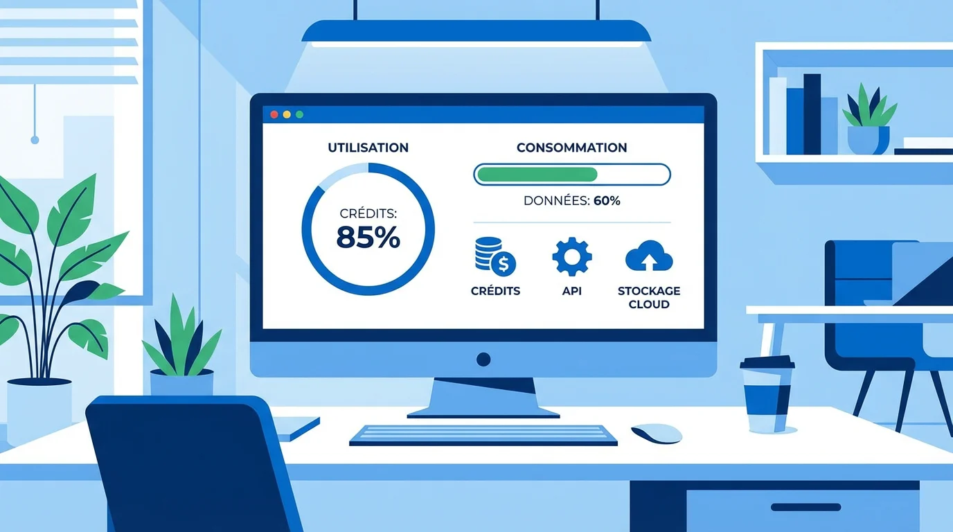 Illustration d'un tableau de bord SaaS affichant un compteur de consommation pay-as-you-go