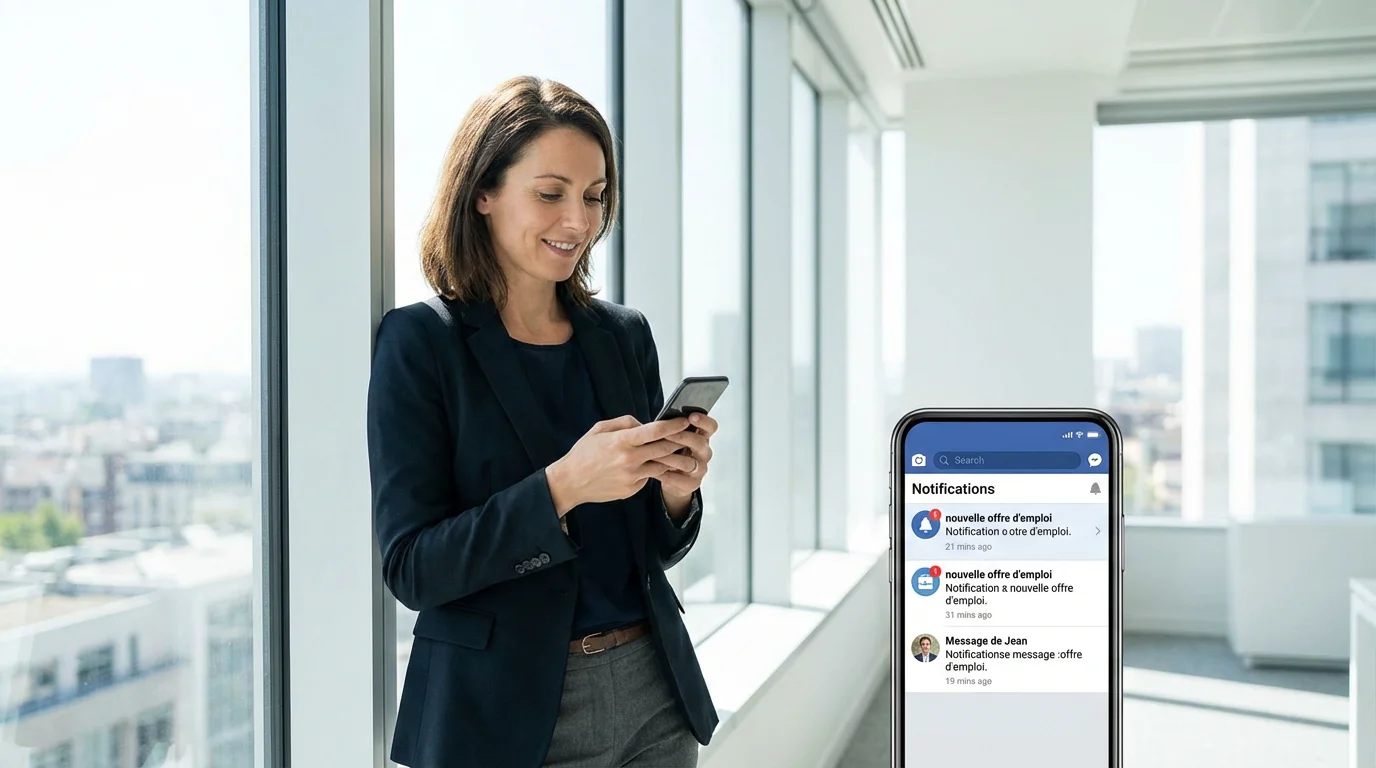 Professionnelle consultant ses notifications LinkedIn sur son smartphone dans un bureau moderne