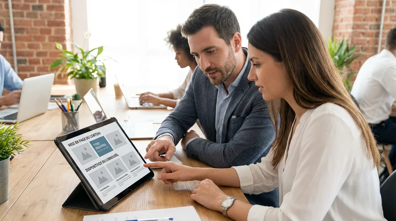 Deux professionnels collaborant sur la création de carrousels LinkedIn dans un espace de coworking