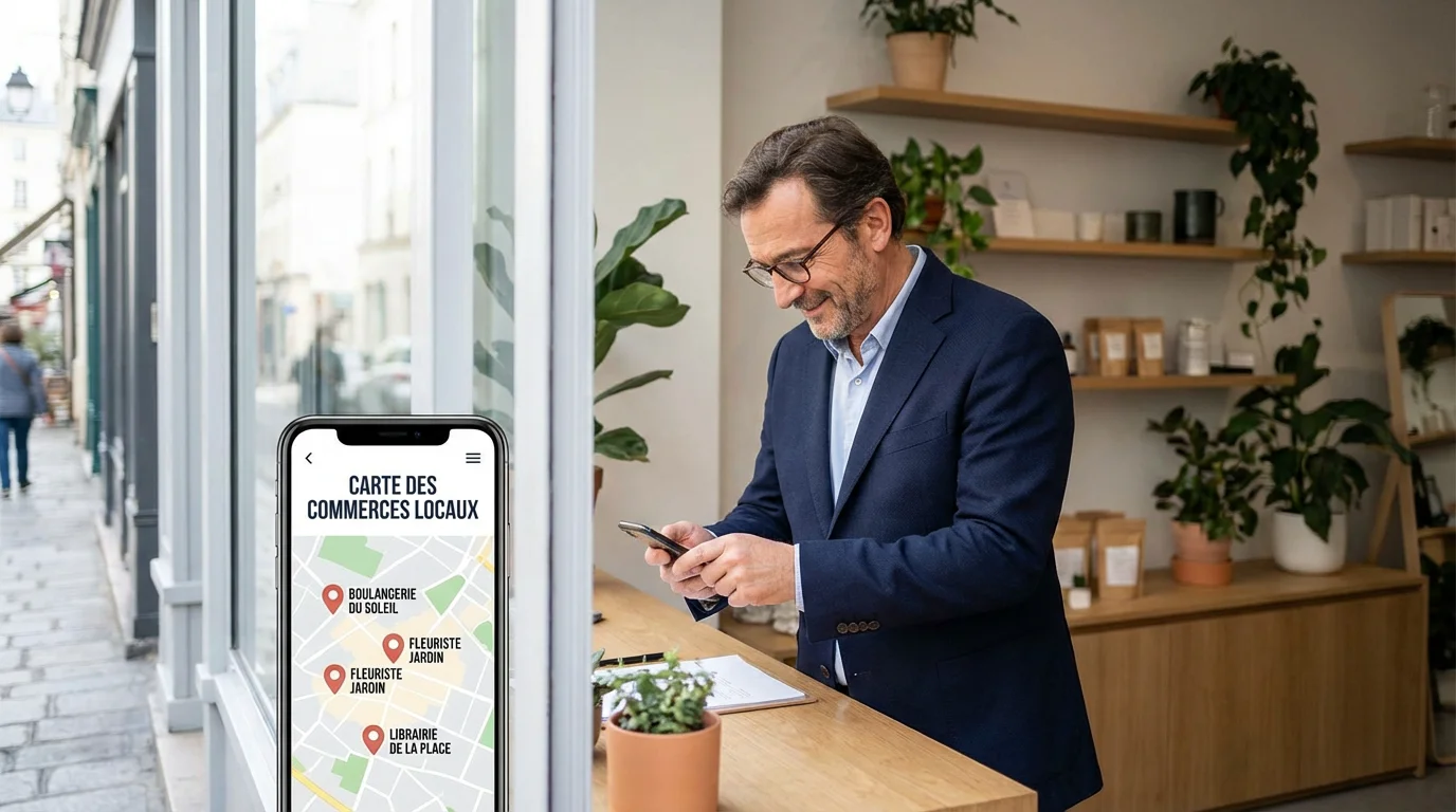 Commerçant français consultant une carte locale sur son smartphone dans sa boutique
