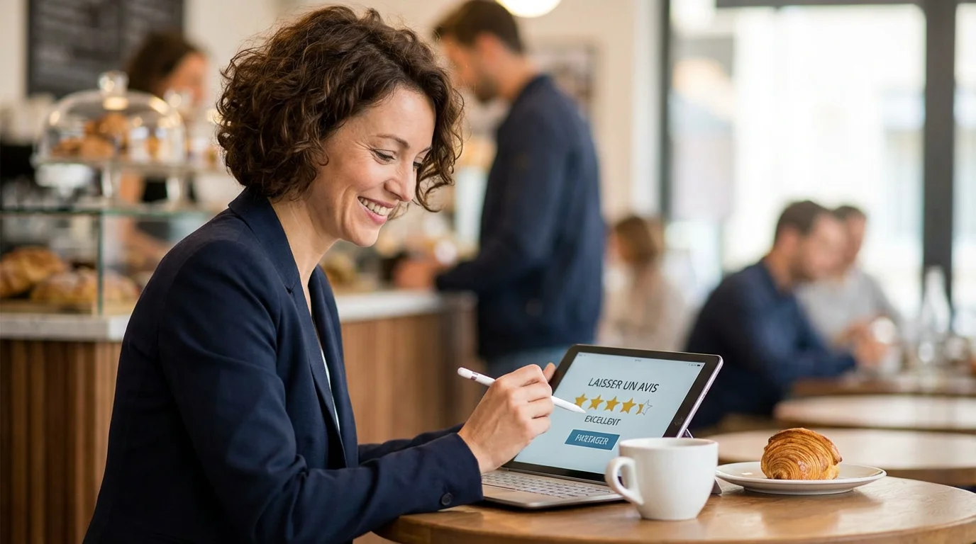 Cliente satisfaite laissant un avis en ligne dans un café français