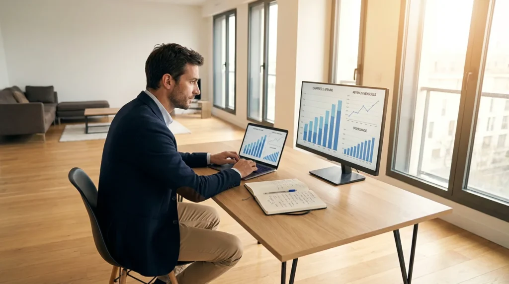 Entrepreneur digital travaillant depuis son bureau à domicile avec des graphiques de revenus à l'écran