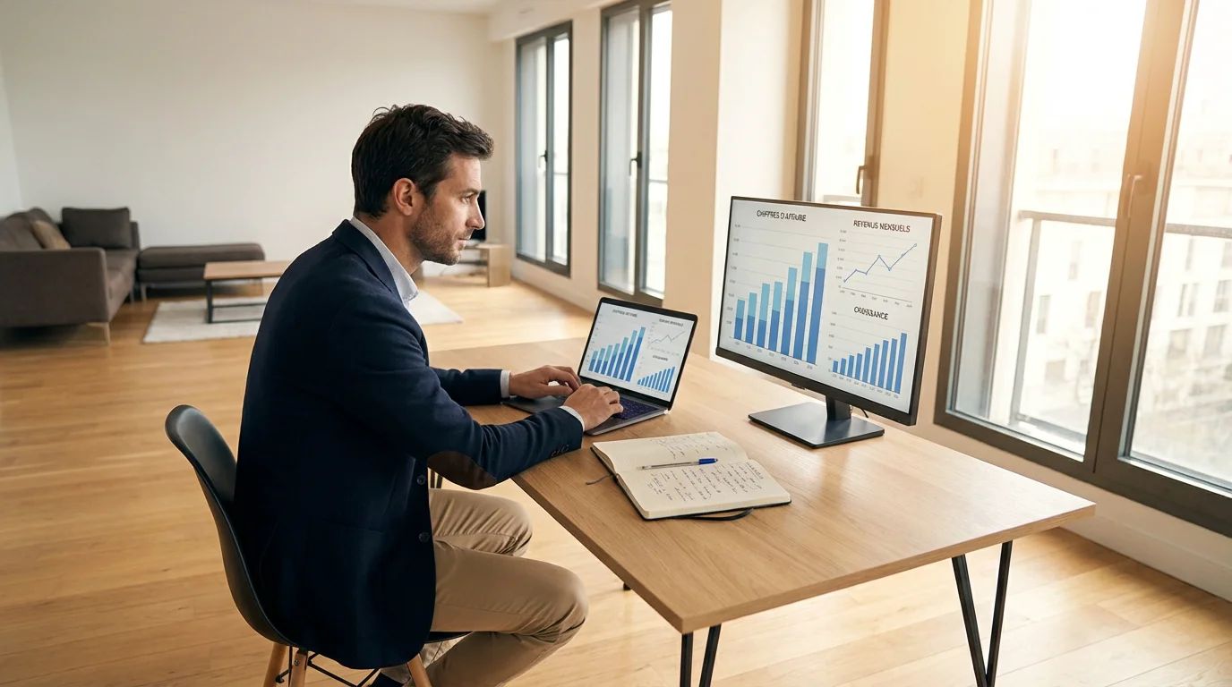 Entrepreneur digital travaillant depuis son bureau à domicile avec des graphiques de revenus à l'écran