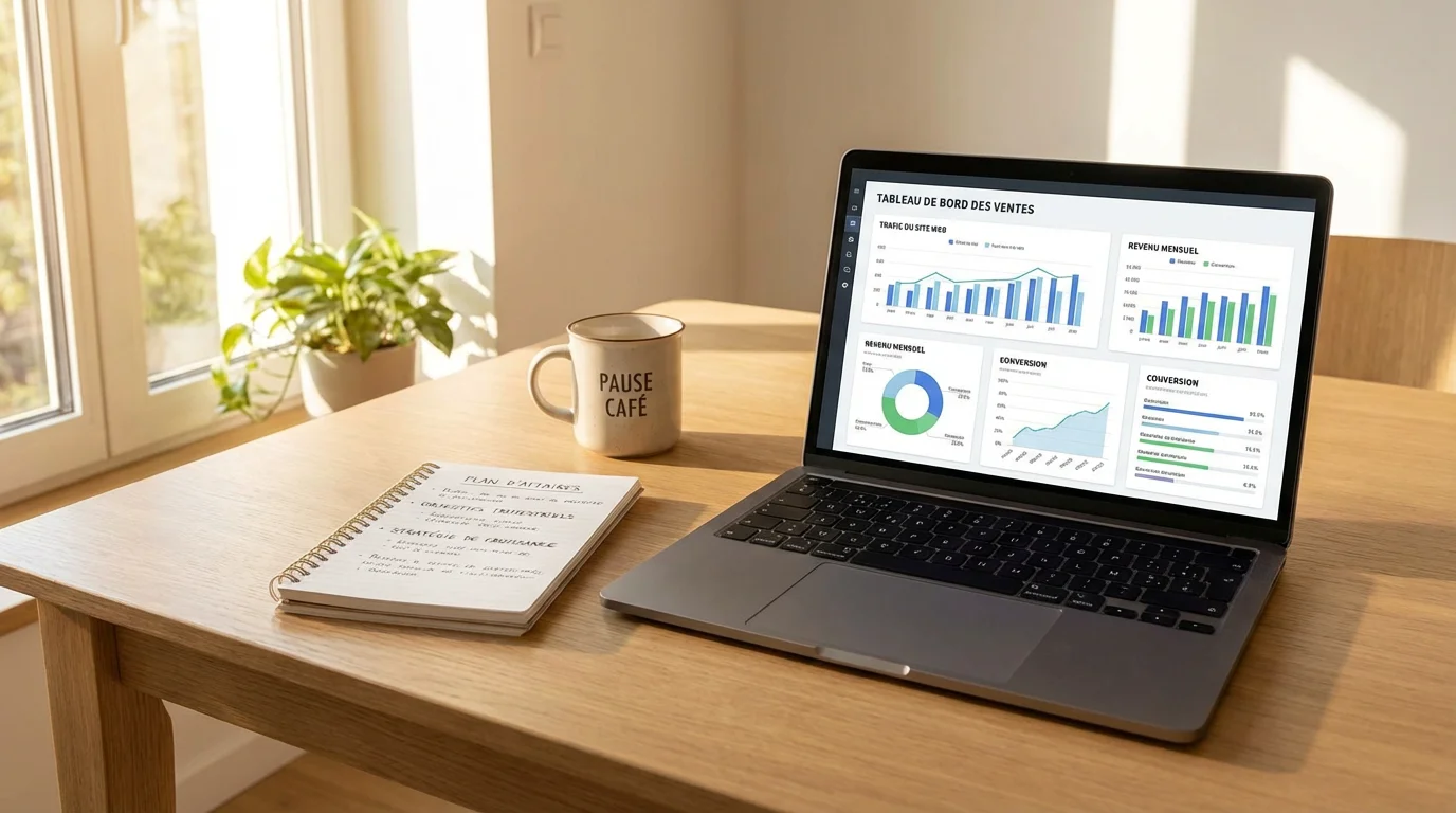 Bureau minimaliste d'un entrepreneur digital avec ordinateur portable et tableaux de bord analytiques