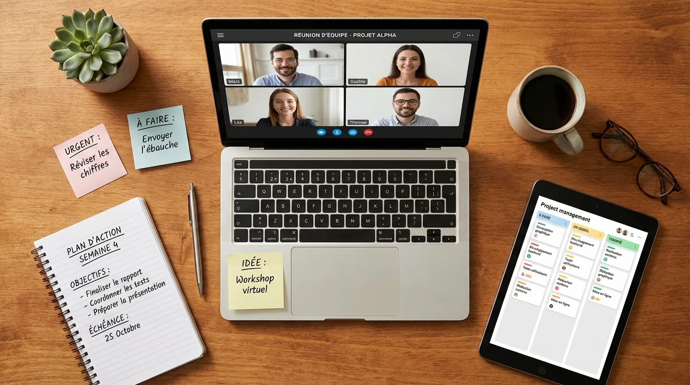 Organisation de travail à distance avec visioconférence et gestion de projet pour une équipe freelance