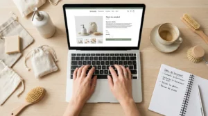 Espace de travail e-commerce professionnel avec ordinateur portable affichant des fiches produits