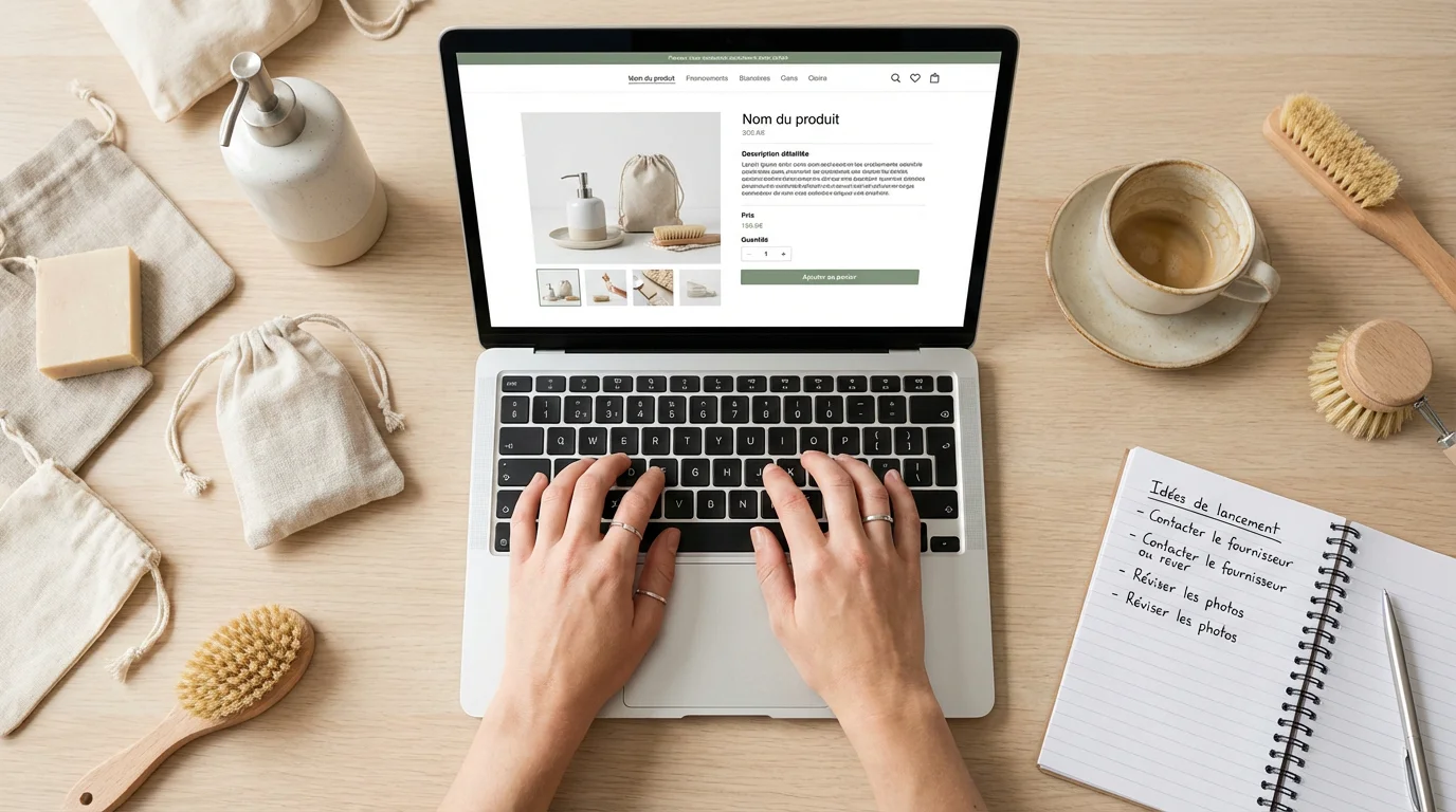 Espace de travail e-commerce professionnel avec ordinateur portable affichant des fiches produits