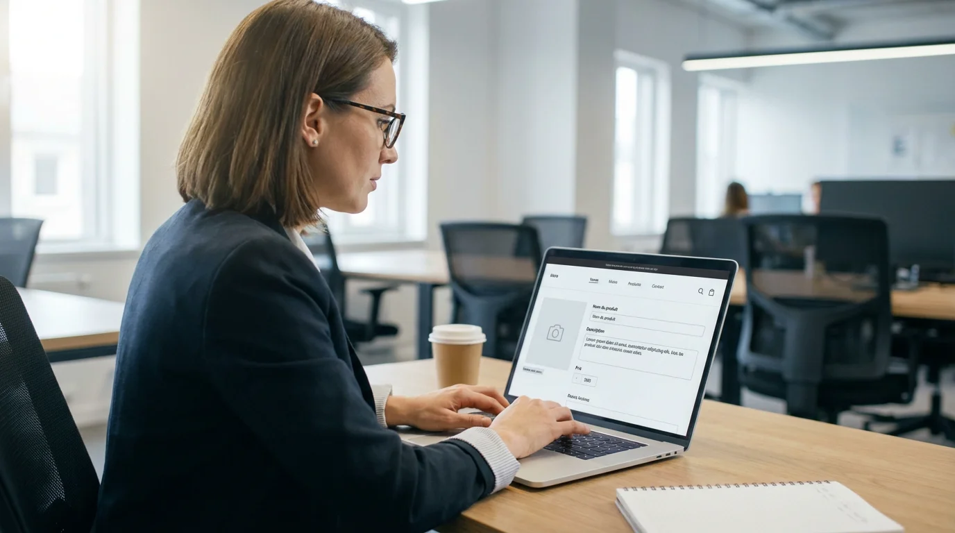 Professionnelle européenne rédigeant des fiches produits e-commerce avec un outil IA sur ordinateur portable