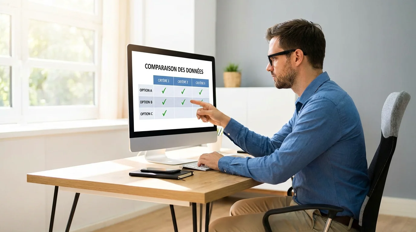 Entrepreneur européen comparant des outils IA pour fiches produits sur un écran de bureau