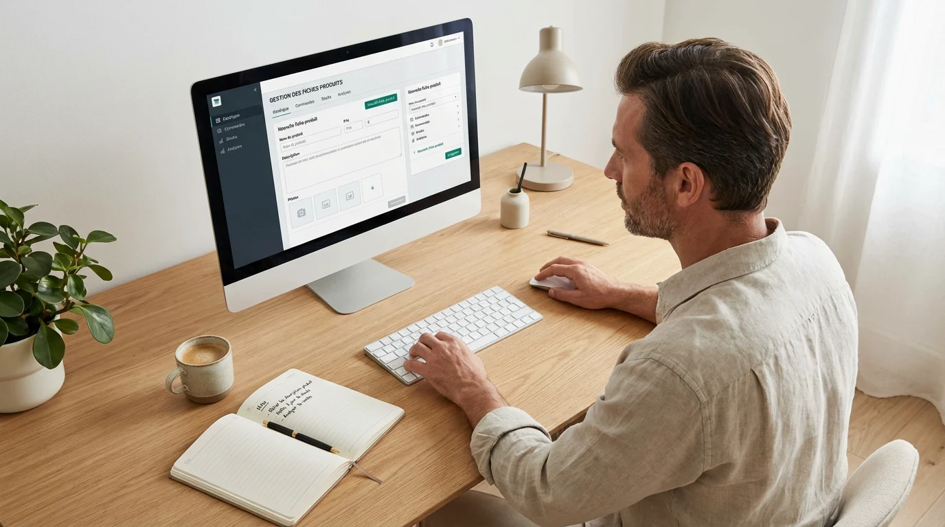 Entrepreneur travaillant sur l'automatisation de ses fiches produits e-commerce avec l'IA