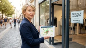 Entrepreneur consultant une carte de positionnement SEO local sur tablette devant son commerce