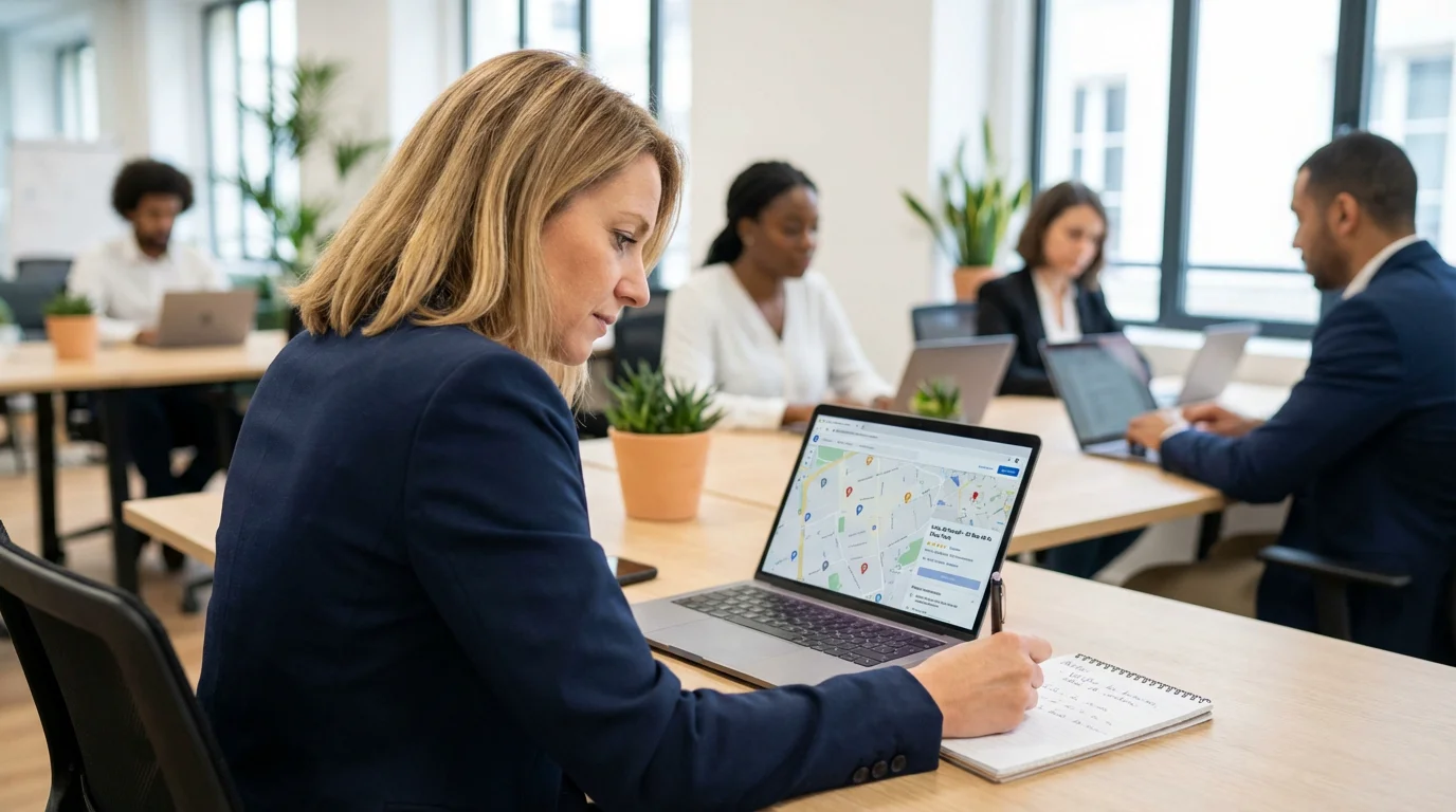 Professionnelle analysant une fiche Google Business Profile sur son ordinateur portable