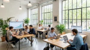 Espace de coworking en France avec un entrepreneur analysant la croissance du revenu mensuel récurrent sur un tableau de bord SaaS