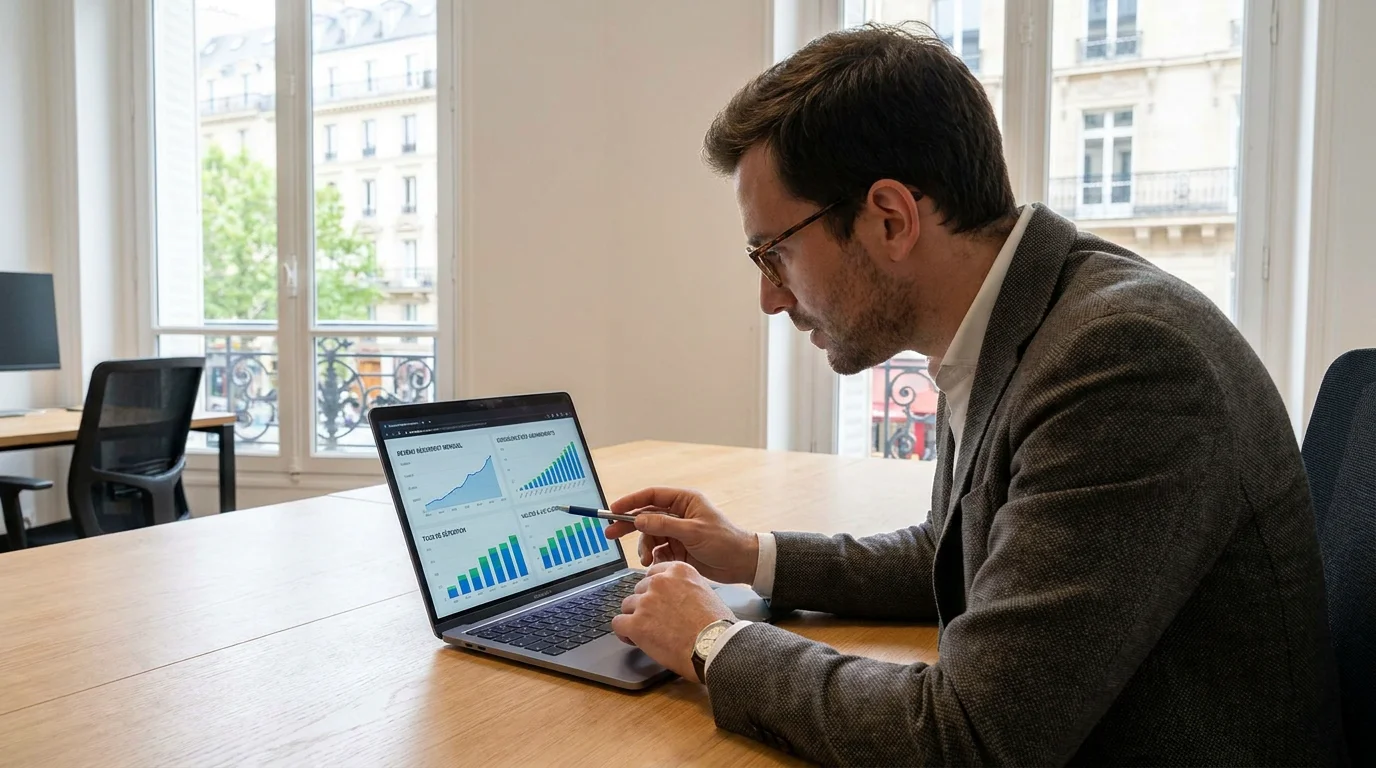 Entrepreneur SaaS analysant un tableau de bord de revenus récurrents mensuels sur son ordinateur portable