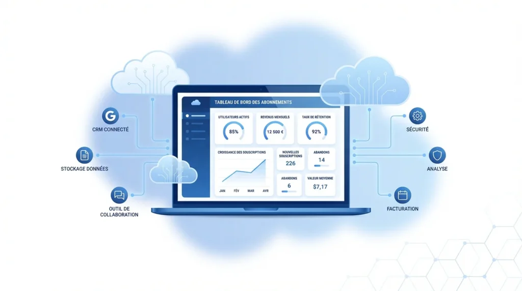 Concept de SaaS illustré par un ordinateur connecté au cloud avec des métriques d'abonnement