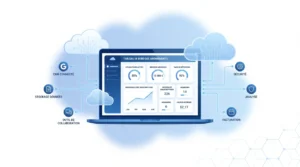 Concept de SaaS illustré par un ordinateur connecté au cloud avec des métriques d'abonnement