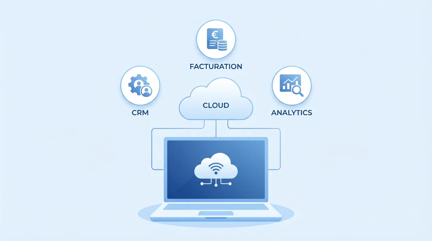 Illustration du concept SaaS avec un ordinateur connecté au cloud et des icônes de logiciels en ligne