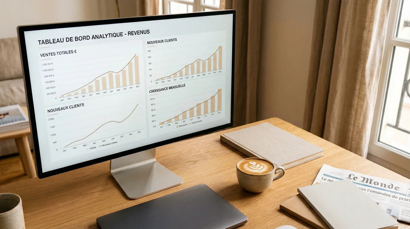 Espace de travail d'un entrepreneur SaaS avec un tableau de bord de revenus récurrents