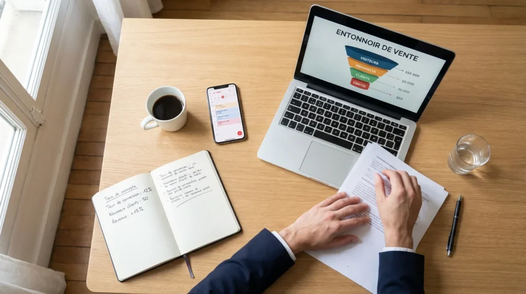 Bureau d'entrepreneur avec un tunnel de vente affiché sur un écran d'ordinateur portable