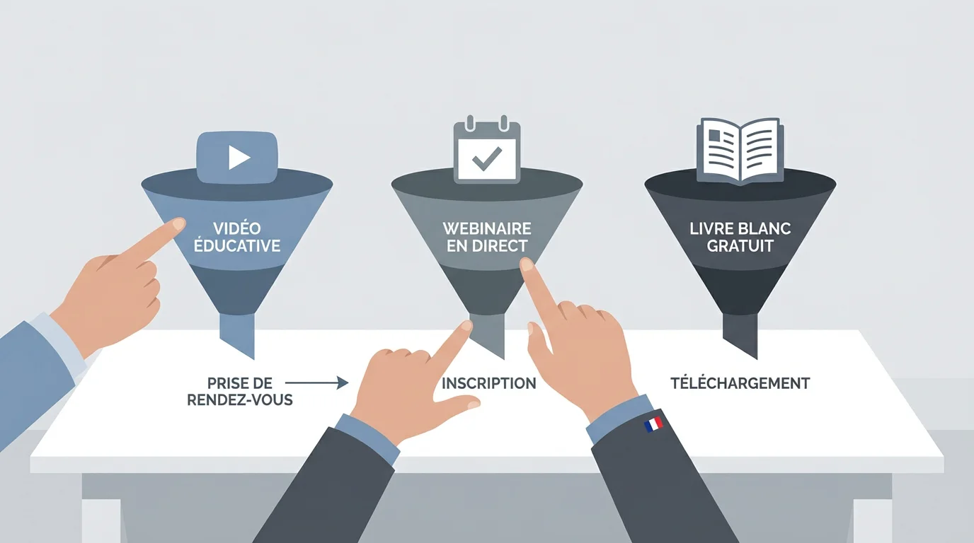 Illustration des trois types de tunnels de vente : VSL, webinaire et lead magnet