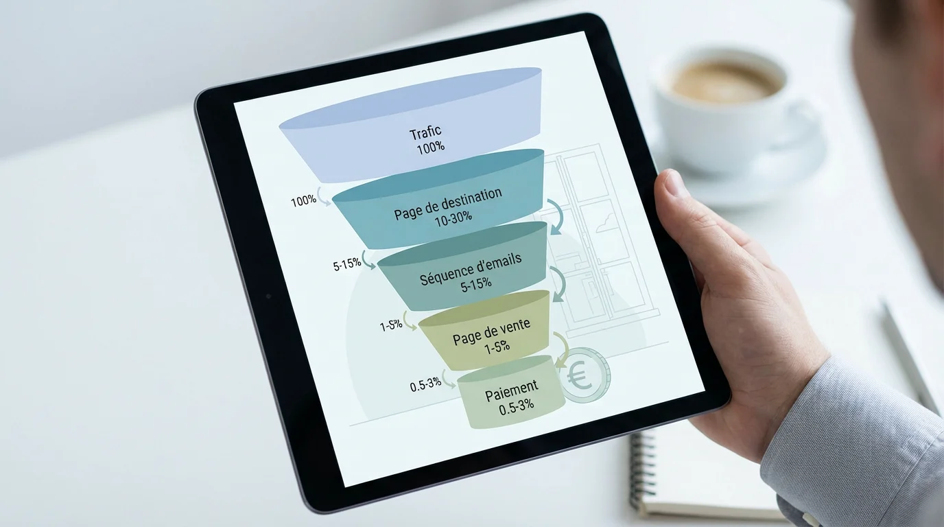 Infographie des taux de conversion attendus à chaque étape d'un tunnel de vente