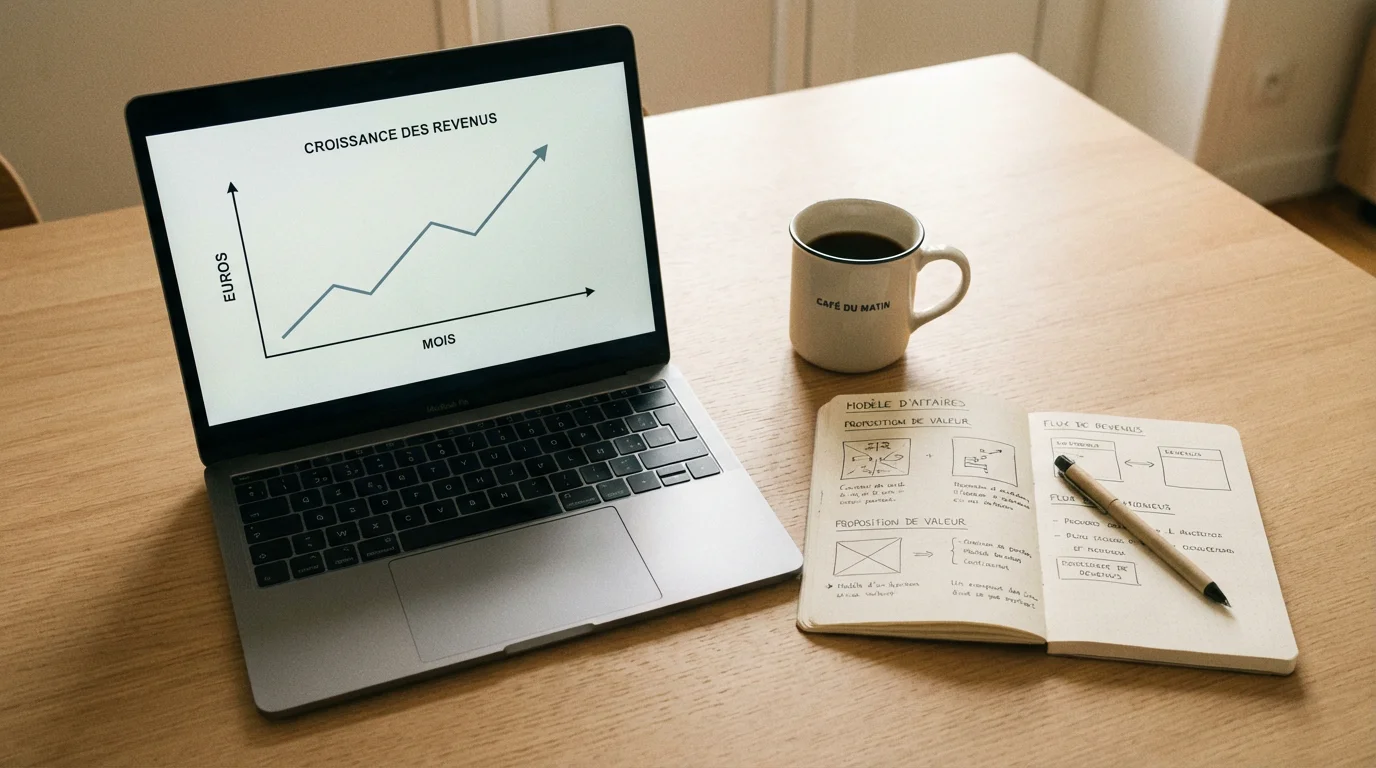 Espace de travail minimaliste avec un ordinateur portable affichant une courbe de revenus croissante