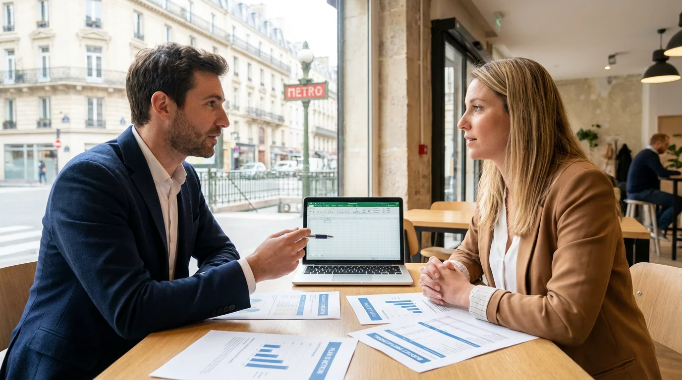Deux entrepreneurs européens en réunion stratégique dans un espace de coworking moderne