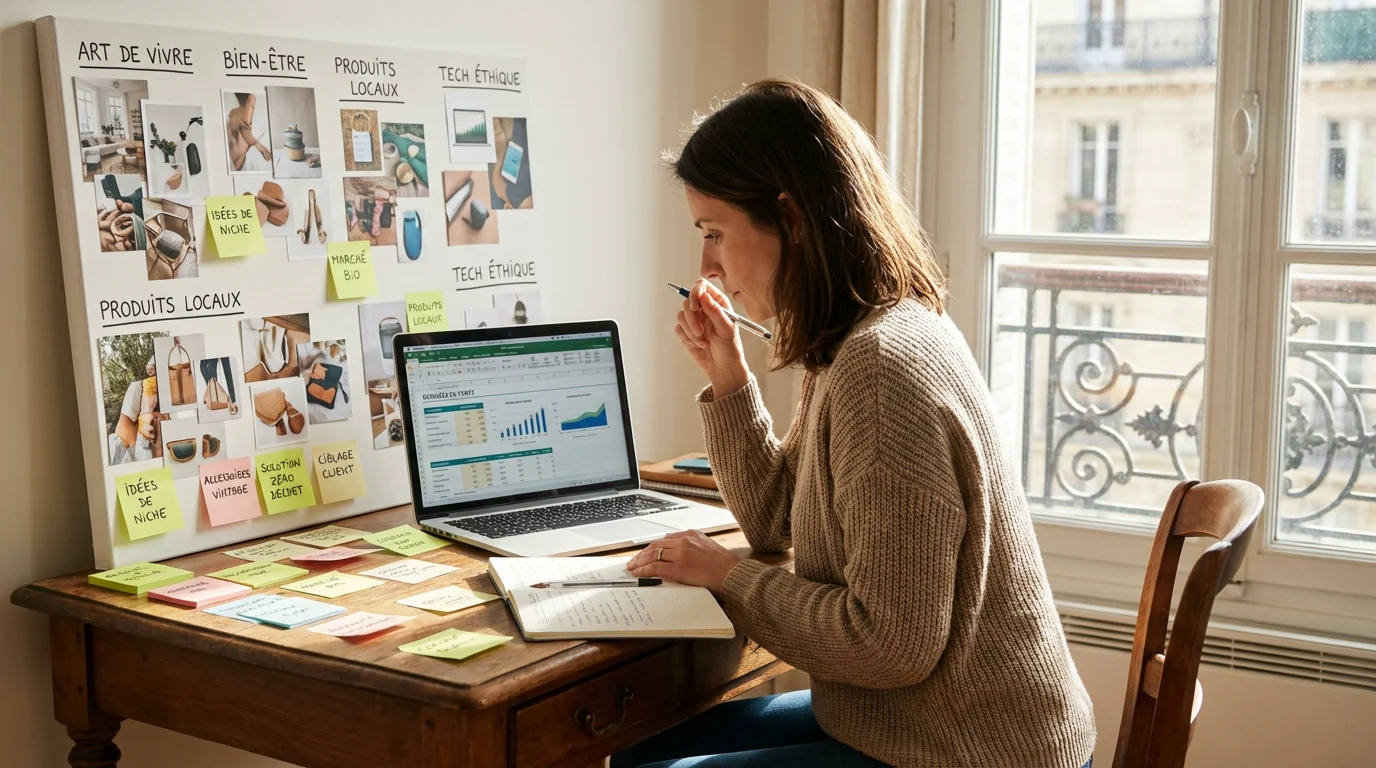 Entrepreneur français en train de rechercher des idées de niches e-commerce à son bureau