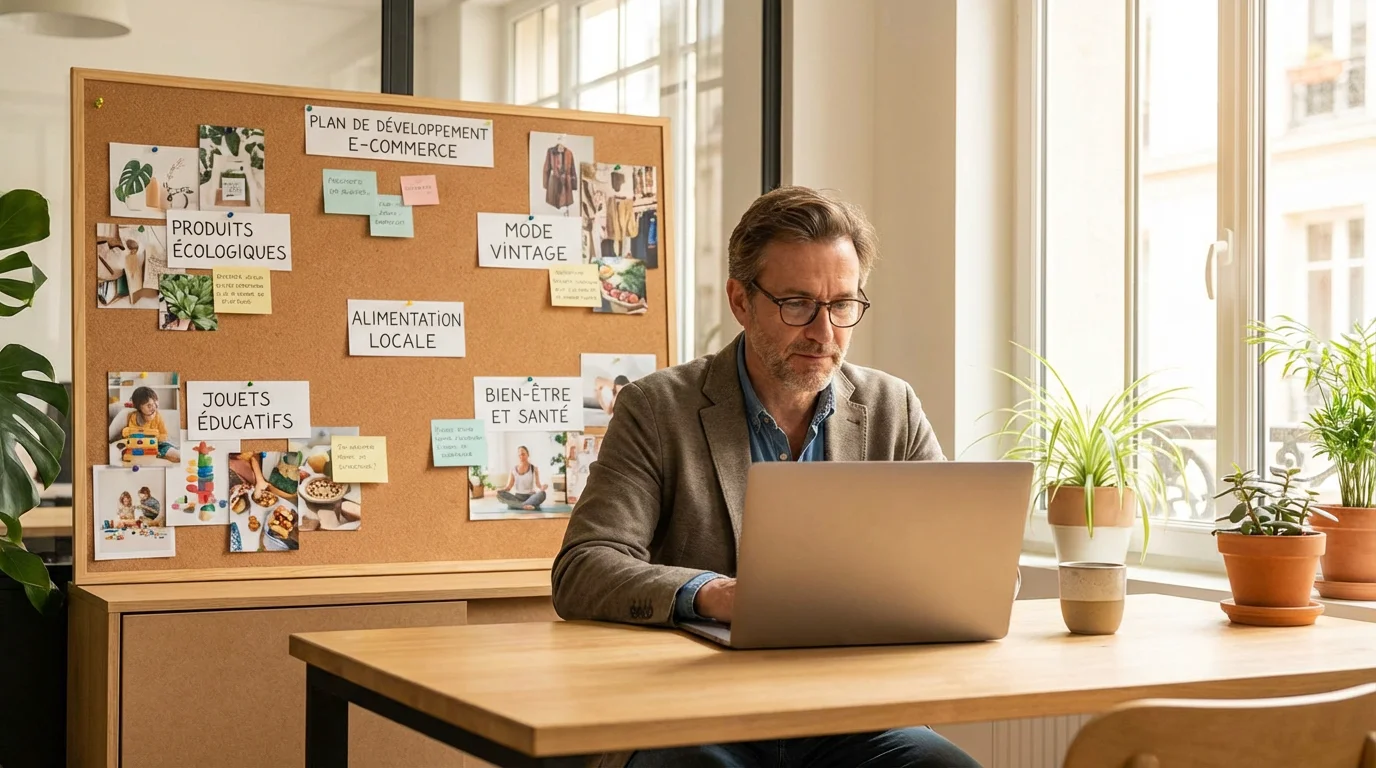 Entrepreneur français analysant des niches e-commerce sur son ordinateur dans un espace de travail moderne