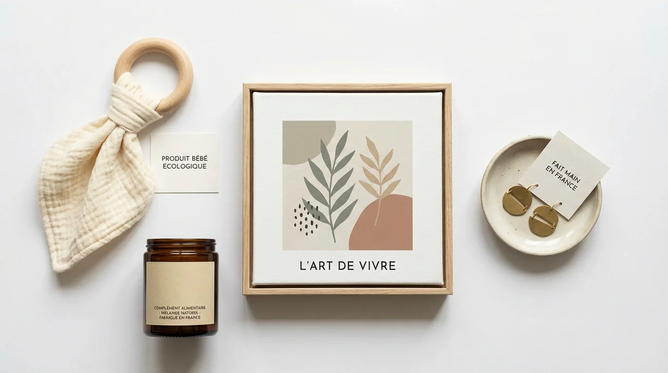 Sélection de produits de niche e-commerce disposés en flat-lay sur fond blanc