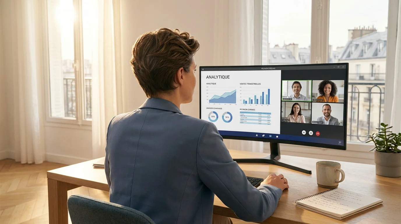 Professionnel européen consultant des données de performance dans un espace de travail moderne, illustrant la monétisation d'expertise en ligne