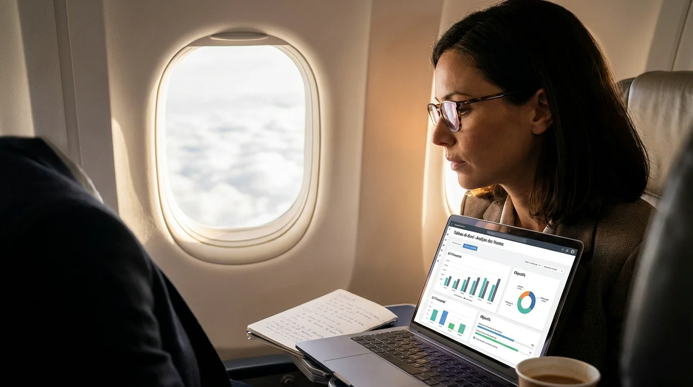 Experte européenne travaillant sur son ordinateur portable dans un avion, illustrant le lancement d'un SaaS en déplacement