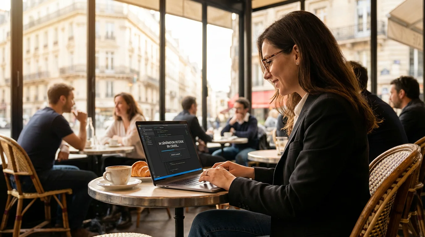Entrepreneur utilisant le vibe coding dans un café parisien