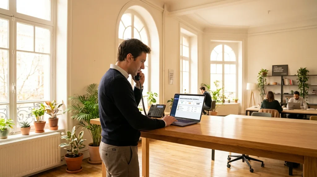Professionnel européen utilisant un téléphone de bureau dans un espace de coworking moderne en France