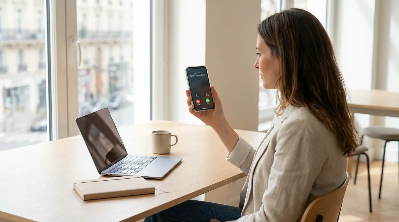 Indépendant européen consultant son numéro professionnel sur smartphone dans un bureau moderne