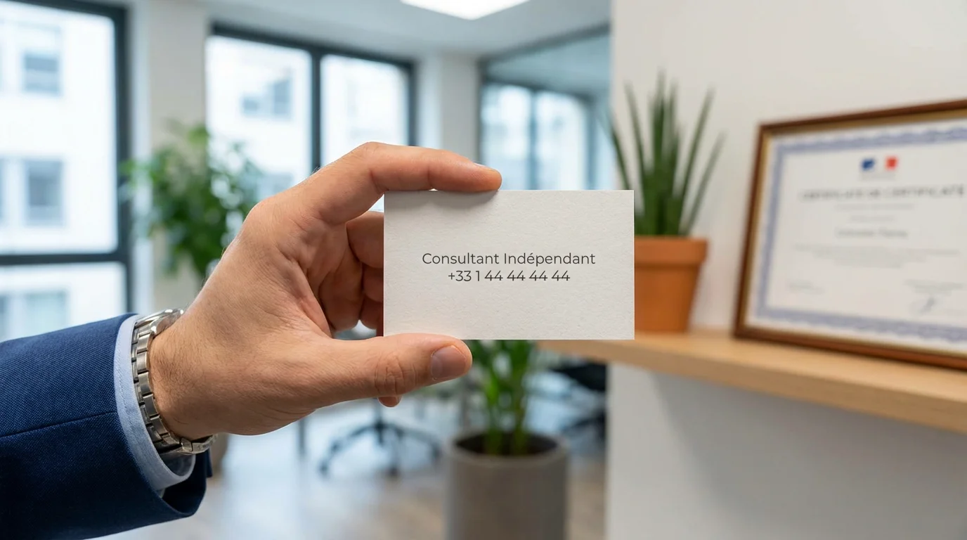 Carte de visite avec numéro de téléphone professionnel mémorable tenue par un entrepreneur européen