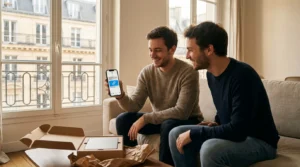 Deux amis européens partageant une recommandation produit via téléphone