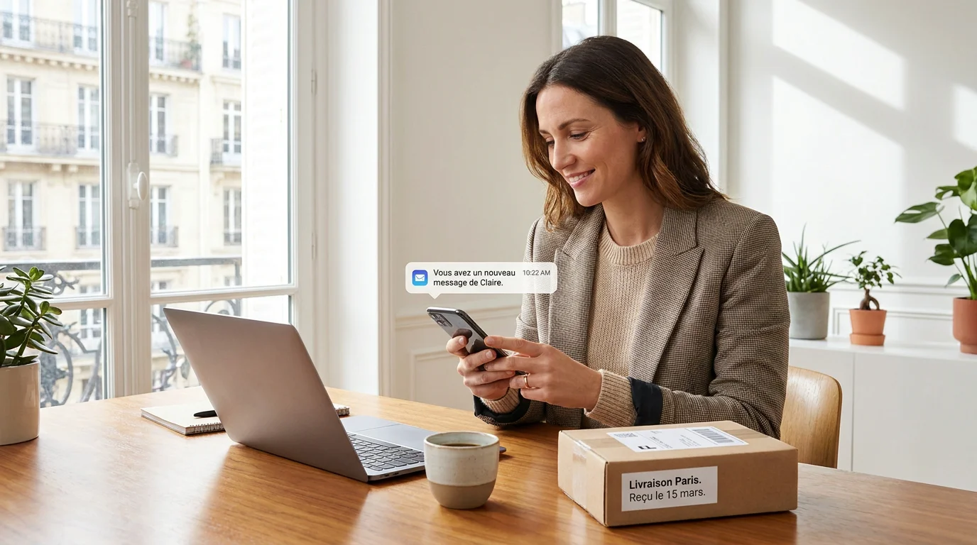 E-commerçante consultant son programme de parrainage sur ordinateur et téléphone