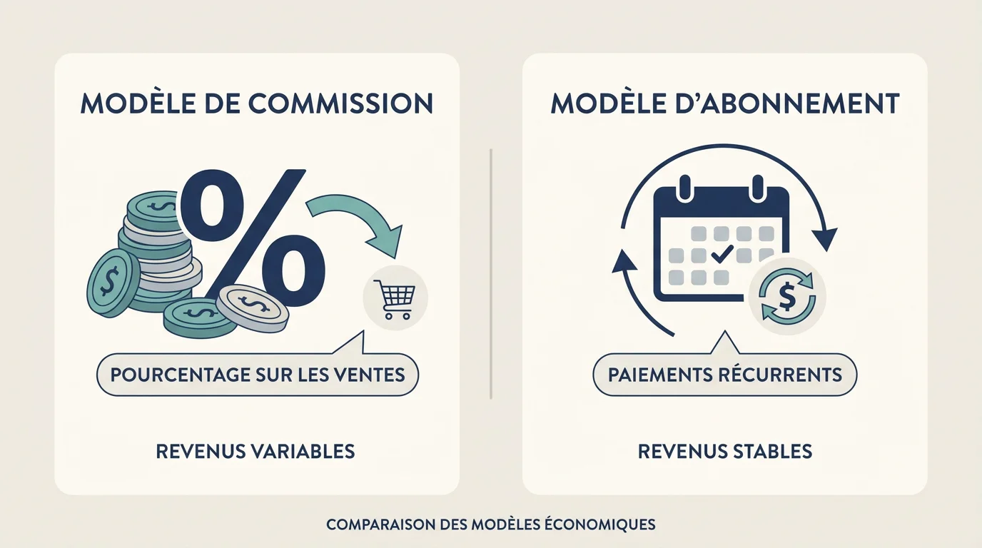 Comparaison visuelle entre modèle à commission et modèle à abonnement pour le parrainage