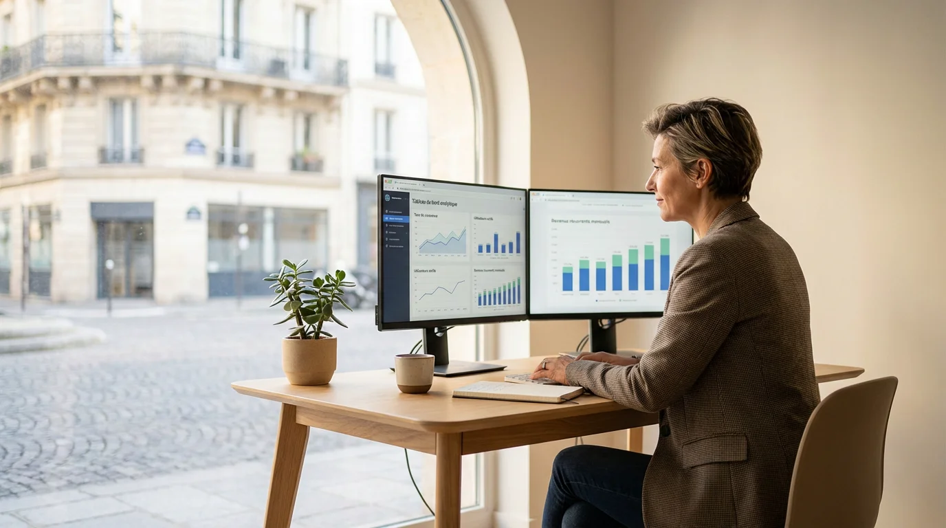 Entrepreneur français analysant le tableau de bord de son micro SaaS dans un espace de coworking
